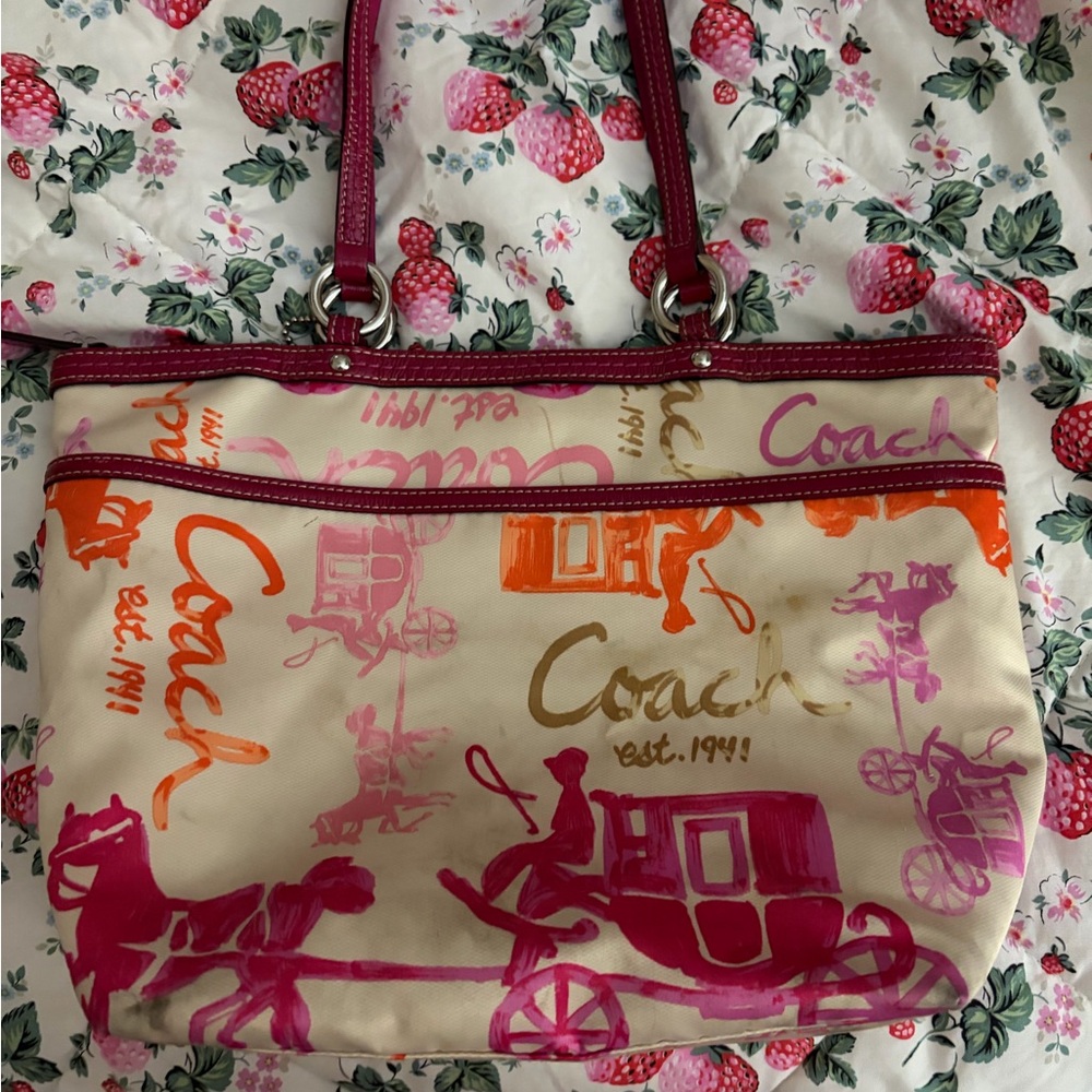 Coach Cream Tote with Pink and Orange Horse-and-Carriage Print - Picture 3 of 6